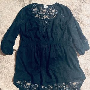 Black lace high low tie front blouse